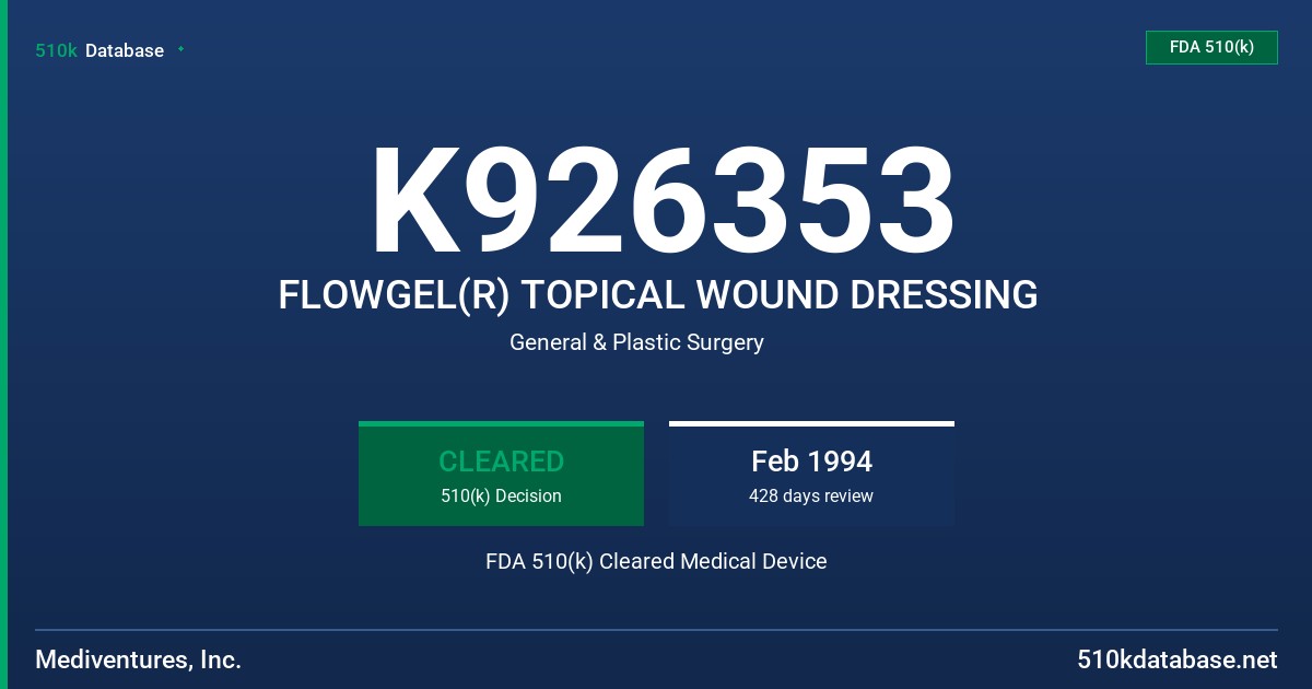 K926353 FLOWGEL(R) TOPICAL WOUND DRESSING FDA 510(k) Cleared Medical Device