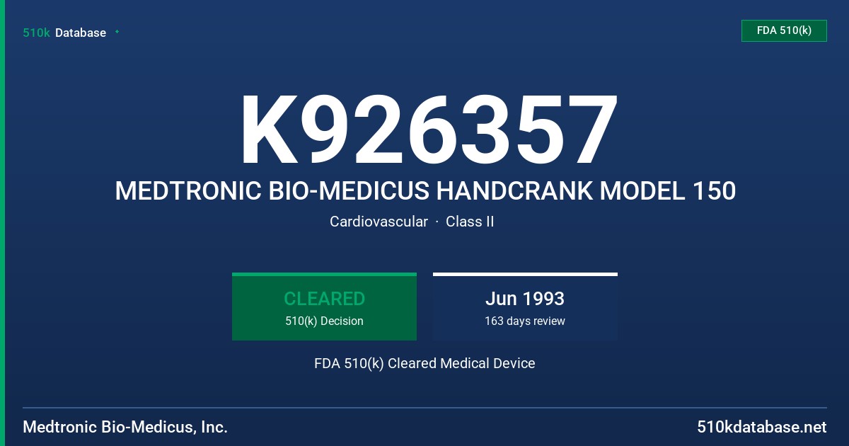 K926357 MEDTRONIC BIO-MEDICUS HANDCRANK MODEL 150 FDA 510(k) Cleared Medical Device