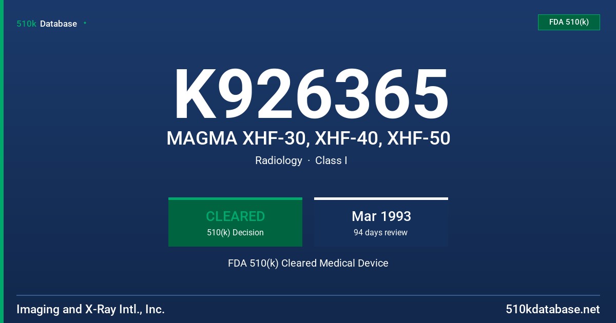 K926365 MAGMA XHF-30, XHF-40, XHF-50 FDA 510(k) Cleared Medical Device