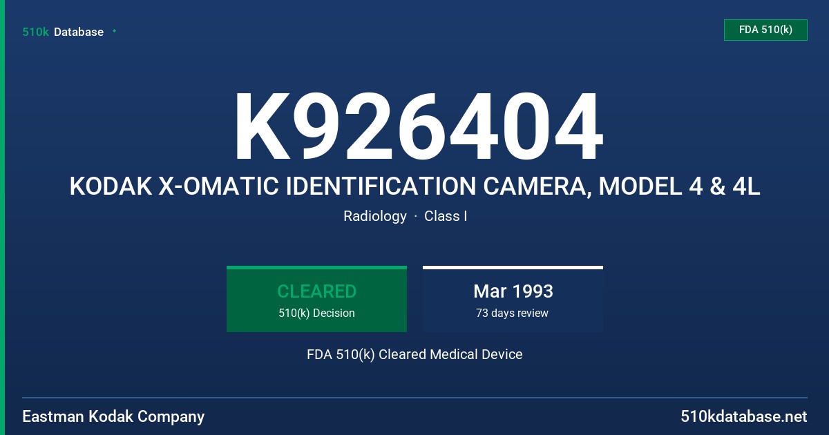 K926404 KODAK X-OMATIC IDENTIFICATION CAMERA, MODEL 4 & 4L FDA 510(k) Cleared Medical Device