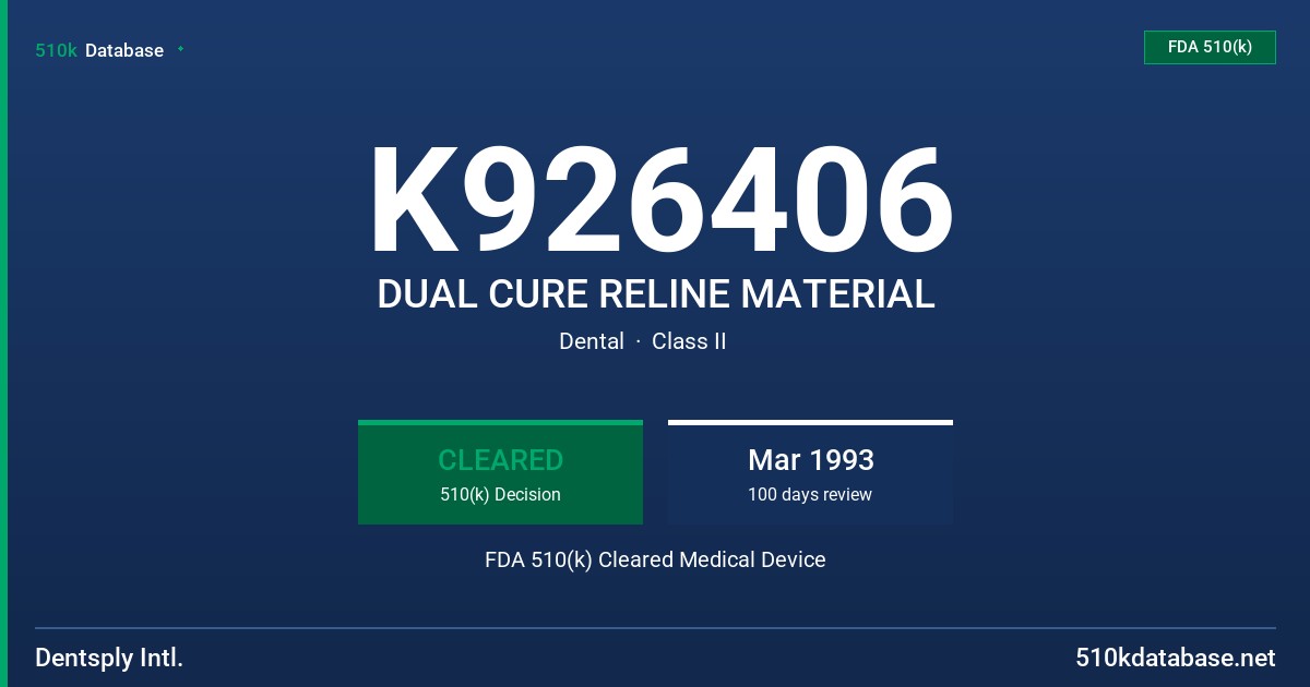 K926406 DUAL CURE RELINE MATERIAL FDA 510(k) Cleared Medical Device