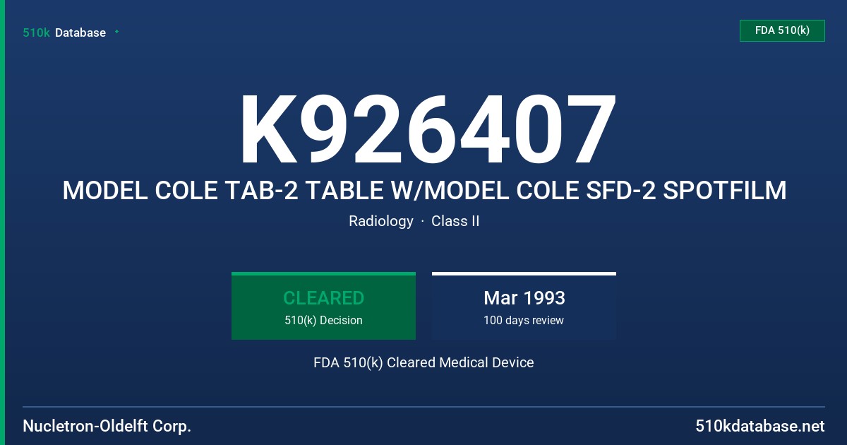 K926407 MODEL COLE TAB-2 TABLE W/MODEL COLE SFD-2 SPOTFILM FDA 510(k) Cleared Medical Device