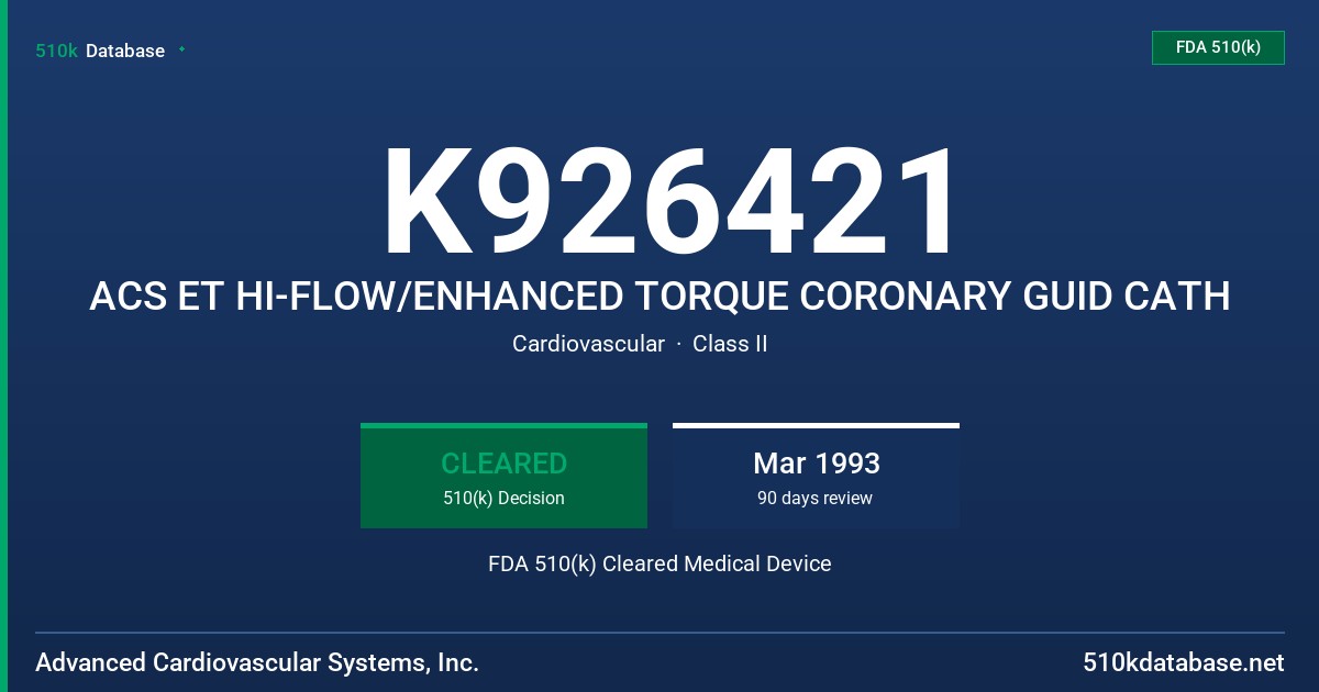 K926421 ACS ET HI-FLOW/ENHANCED TORQUE CORONARY GUID CATH FDA 510(k) Cleared Medical Device