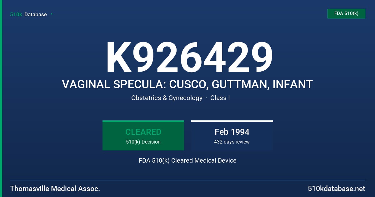 K926429 VAGINAL SPECULA: CUSCO, GUTTMAN, INFANT FDA 510(k) Cleared Medical Device