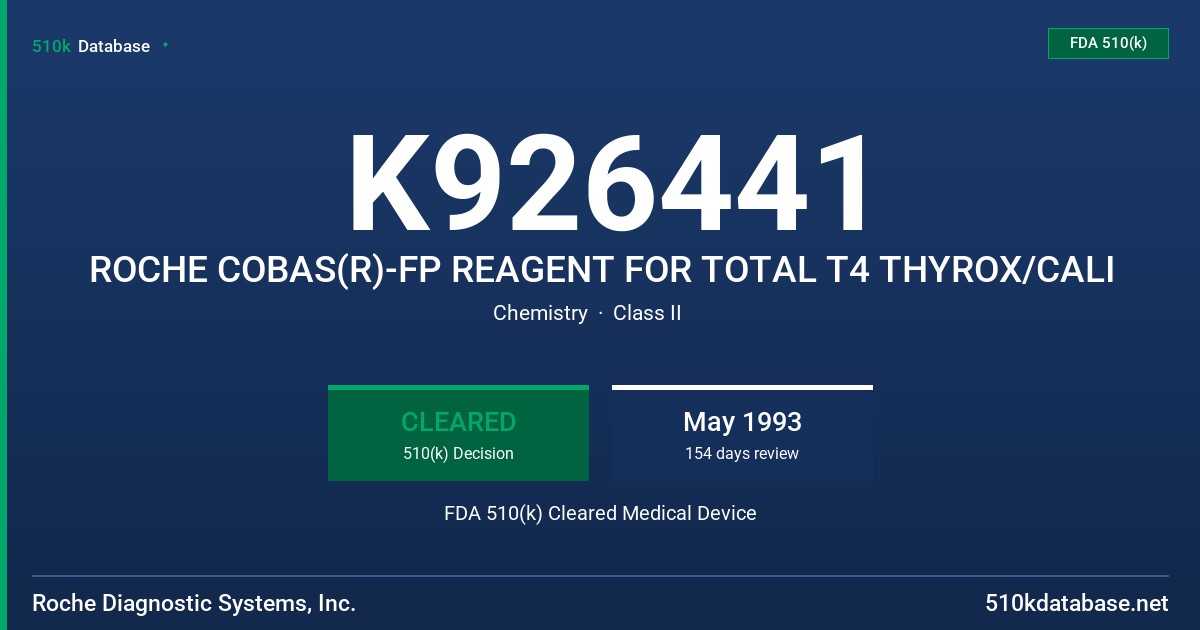 K926441 ROCHE COBAS(R)-FP REAGENT FOR TOTAL T4 THYROX/CALI FDA 510(k) Cleared Medical Device