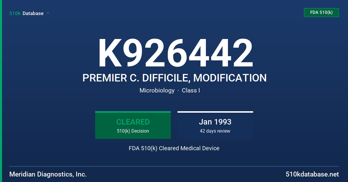 K926442 PREMIER C. DIFFICILE, MODIFICATION FDA 510(k) Cleared Medical Device