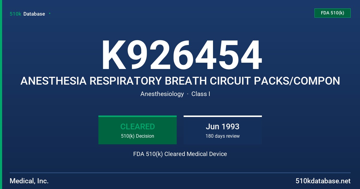 K926454 ANESTHESIA RESPIRATORY BREATH CIRCUIT PACKS/COMPON FDA 510(k) Cleared Medical Device