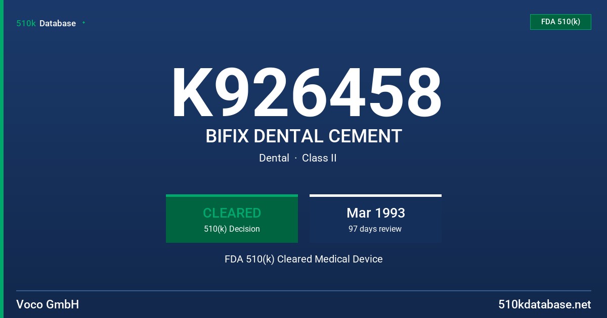 K926458 BIFIX DENTAL CEMENT FDA 510(k) Cleared Medical Device
