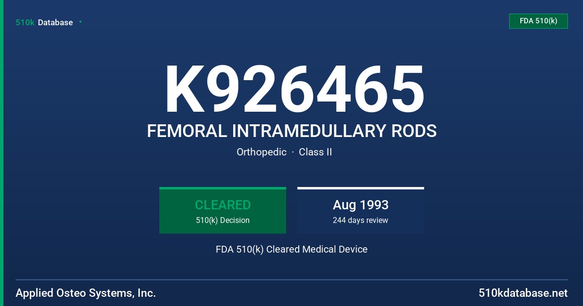 K926465 FEMORAL INTRAMEDULLARY RODS FDA 510(k) Cleared Medical Device