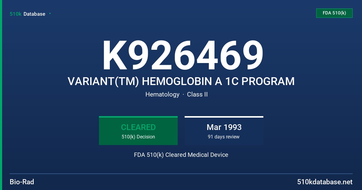 K926469 VARIANT(TM) HEMOGLOBIN A 1C PROGRAM FDA 510(k) Cleared Medical Device