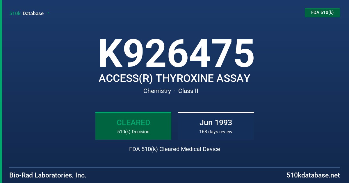K926475 ACCESS(R) THYROXINE ASSAY FDA 510(k) Cleared Medical Device