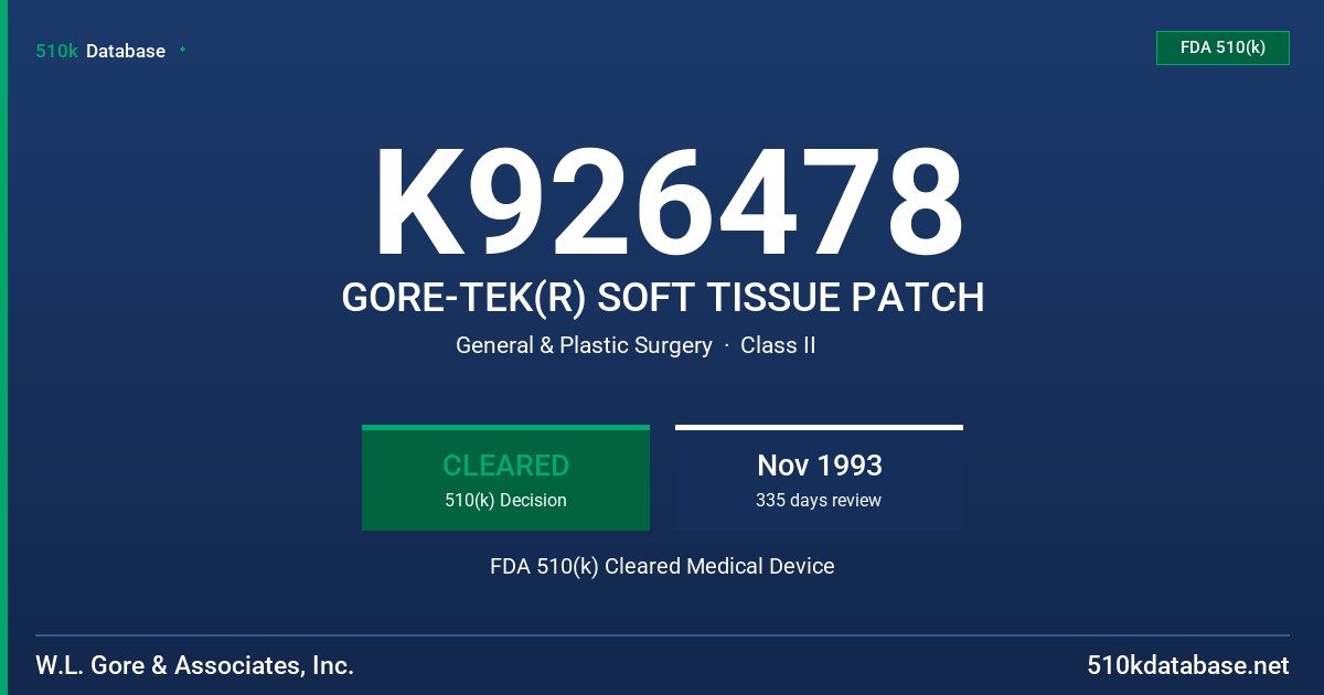 K926478 GORE-TEK(R) SOFT TISSUE PATCH FDA 510(k) Cleared Medical Device