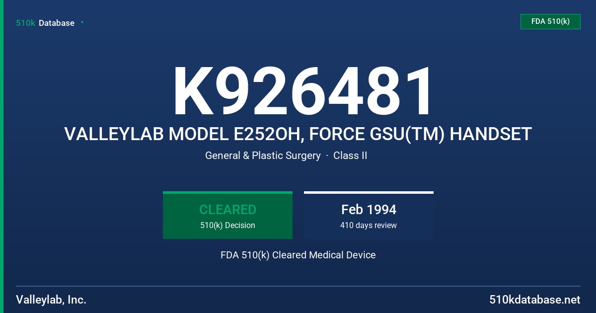 K926481 VALLEYLAB MODEL E252OH, FORCE GSU(TM) HANDSET FDA 510(k) Cleared Medical Device