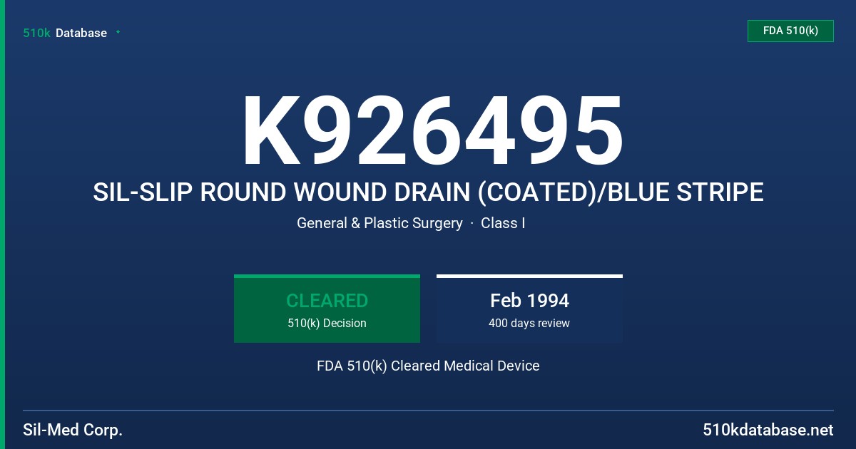 K926495 SIL-SLIP ROUND WOUND DRAIN (COATED)/BLUE STRIPE FDA 510(k) Cleared Medical Device