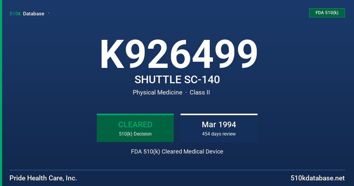 K926499 SHUTTLE SC-140 FDA 510(k) Cleared Medical Device
