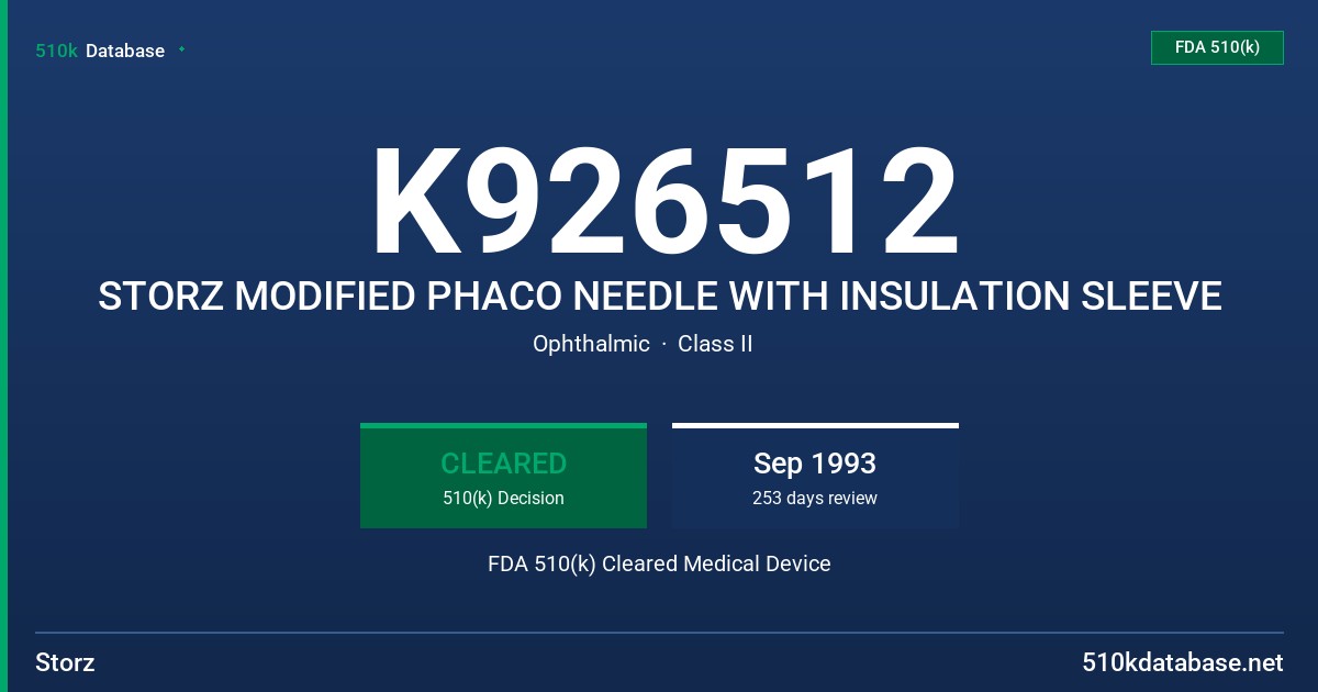 K926512 STORZ MODIFIED PHACO NEEDLE WITH INSULATION SLEEVE FDA 510(k) Cleared Medical Device