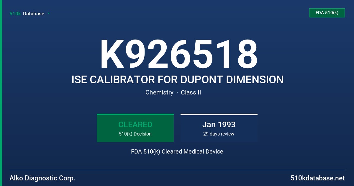K926518 ISE CALIBRATOR FOR DUPONT DIMENSION FDA 510(k) Cleared Medical Device