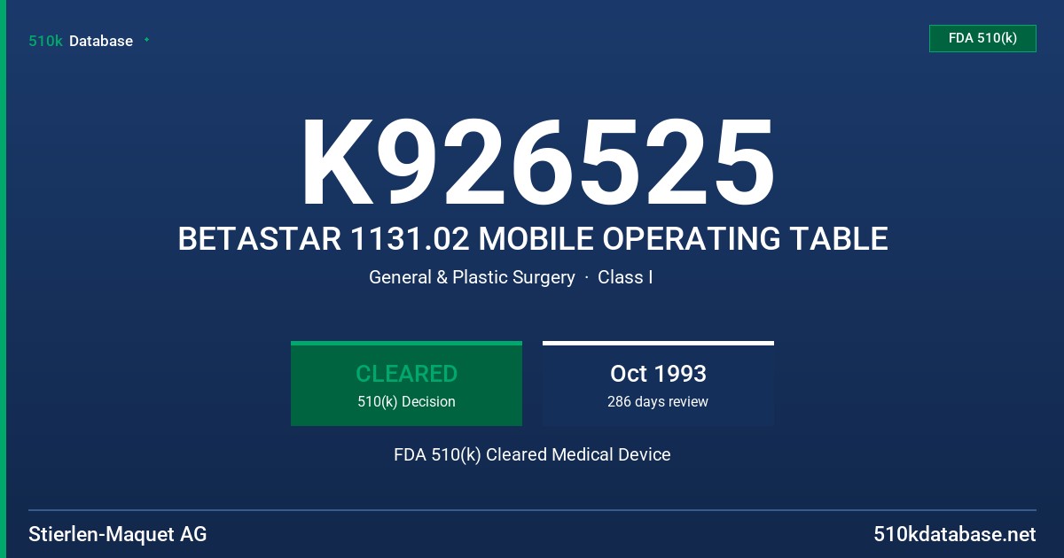 K926525 BETASTAR 1131.02 MOBILE OPERATING TABLE FDA 510(k) Cleared Medical Device