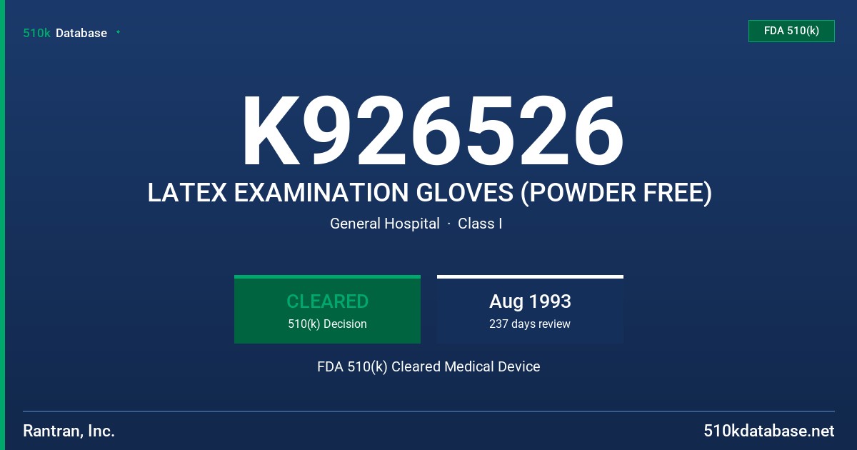 K926526 LATEX EXAMINATION GLOVES (POWDER FREE) FDA 510(k) Cleared Medical Device