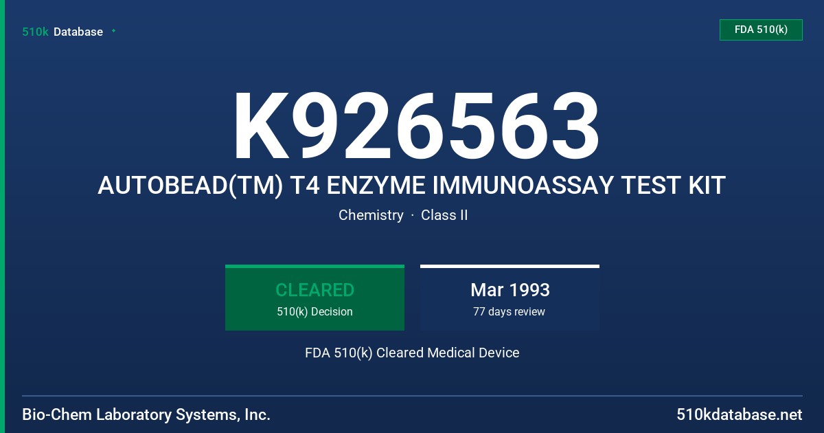K926563 AUTOBEAD(TM) T4 ENZYME IMMUNOASSAY TEST KIT FDA 510(k) Cleared Medical Device