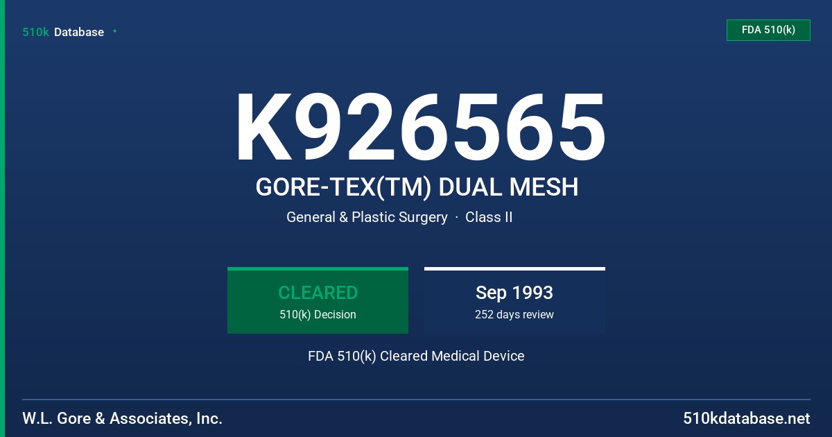 K926565 GORE-TEX(TM) DUAL MESH FDA 510(k) Cleared Medical Device