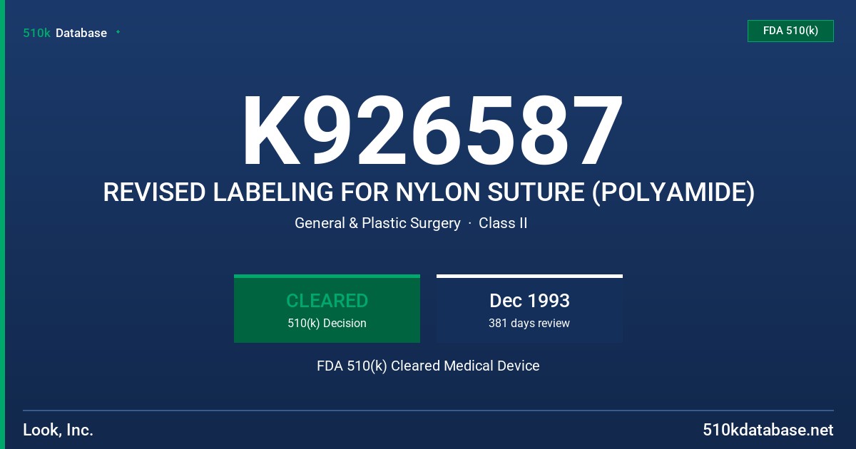 K926587 REVISED LABELING FOR NYLON SUTURE (POLYAMIDE) FDA 510(k) Cleared Medical Device