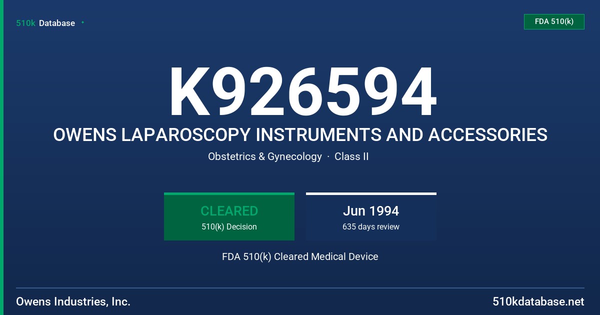 K926594 OWENS LAPAROSCOPY INSTRUMENTS AND ACCESSORIES FDA 510(k) Cleared Medical Device
