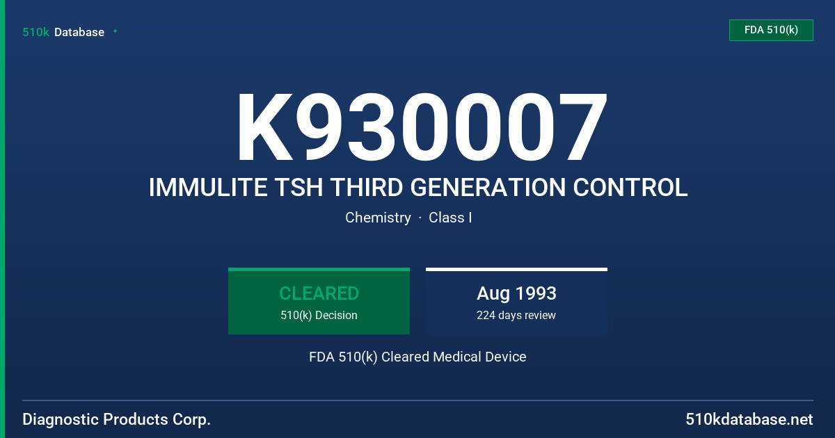 K930007 IMMULITE TSH THIRD GENERATION CONTROL FDA 510(k) Cleared Medical Device