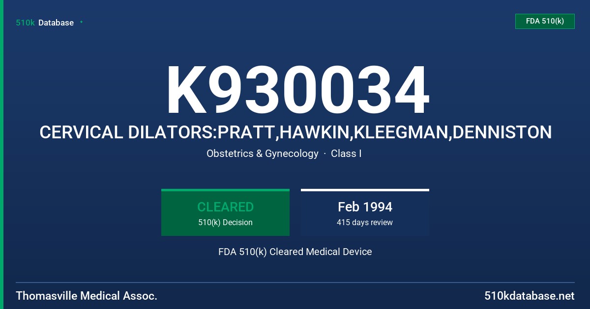 K930034 CERVICAL DILATORS:PRATT,HAWKIN,KLEEGMAN,DENNISTON FDA 510(k) Cleared Medical Device