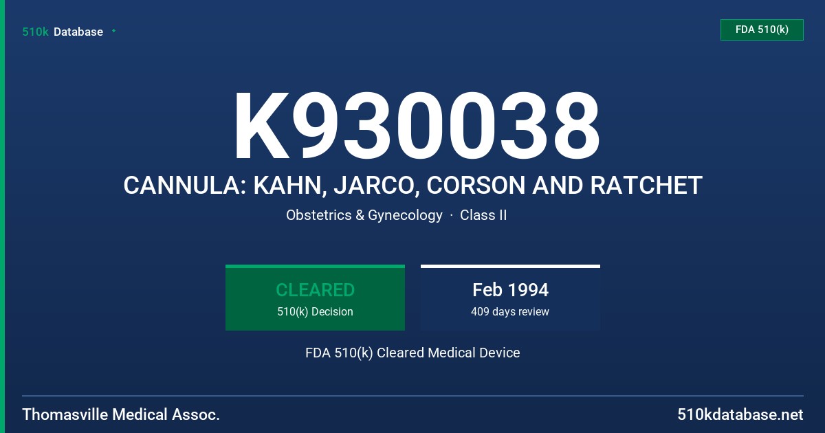 K930038 CANNULA: KAHN, JARCO, CORSON AND RATCHET FDA 510(k) Cleared Medical Device