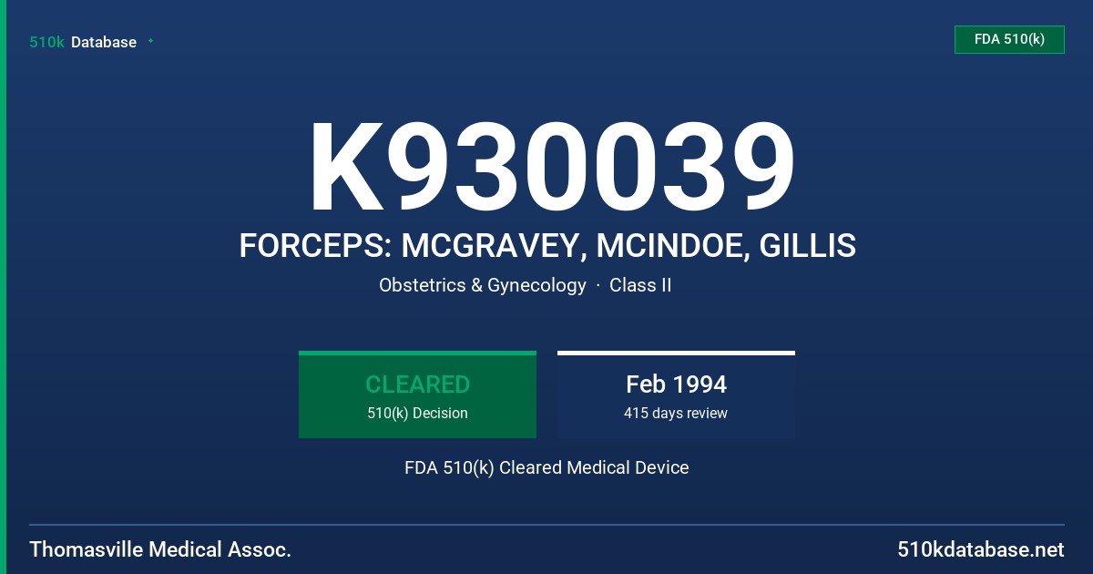 K930039 FORCEPS: MCGRAVEY, MCINDOE, GILLIS FDA 510(k) Cleared Medical Device