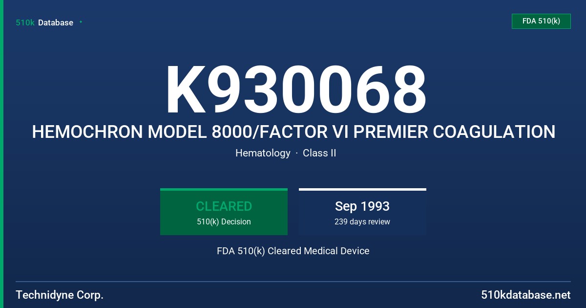 K930068 HEMOCHRON MODEL 8000/FACTOR VI PREMIER COAGULATION FDA 510(k) Cleared Medical Device