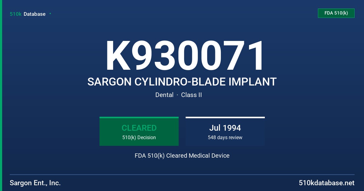 K930071 SARGON CYLINDRO-BLADE IMPLANT FDA 510(k) Cleared Medical Device
