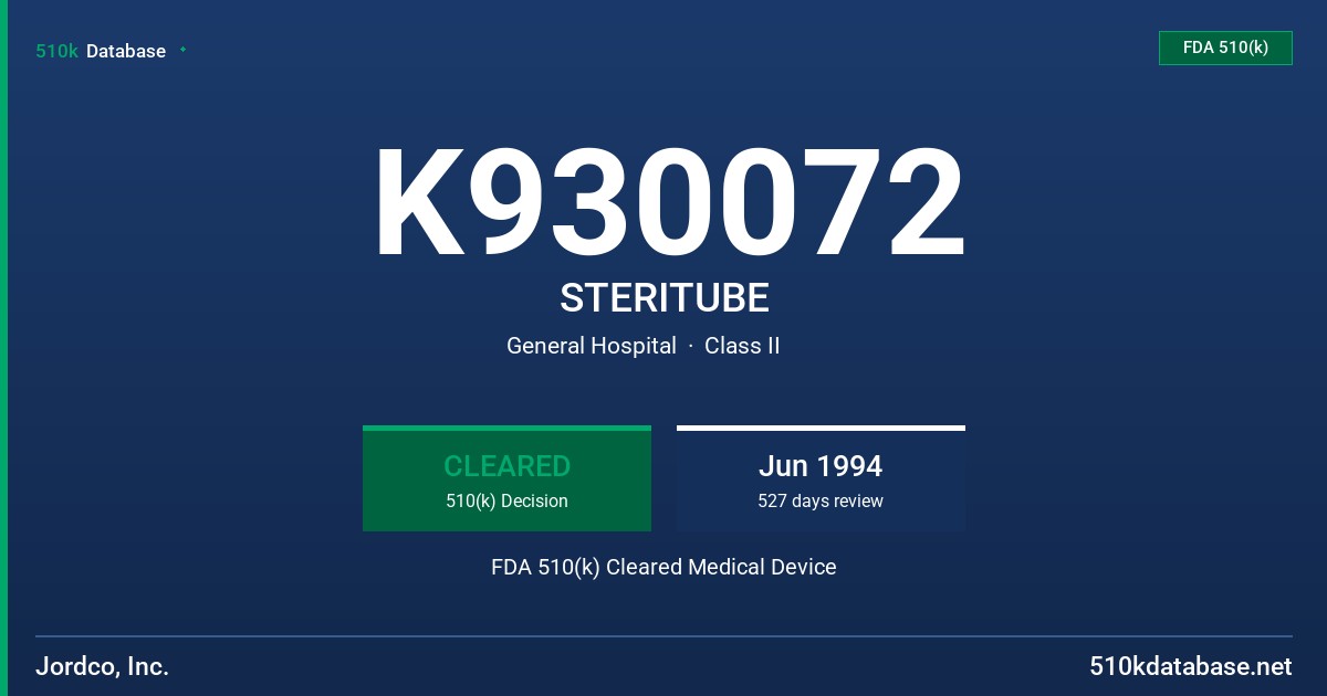 K930072 STERITUBE FDA 510(k) Cleared Medical Device