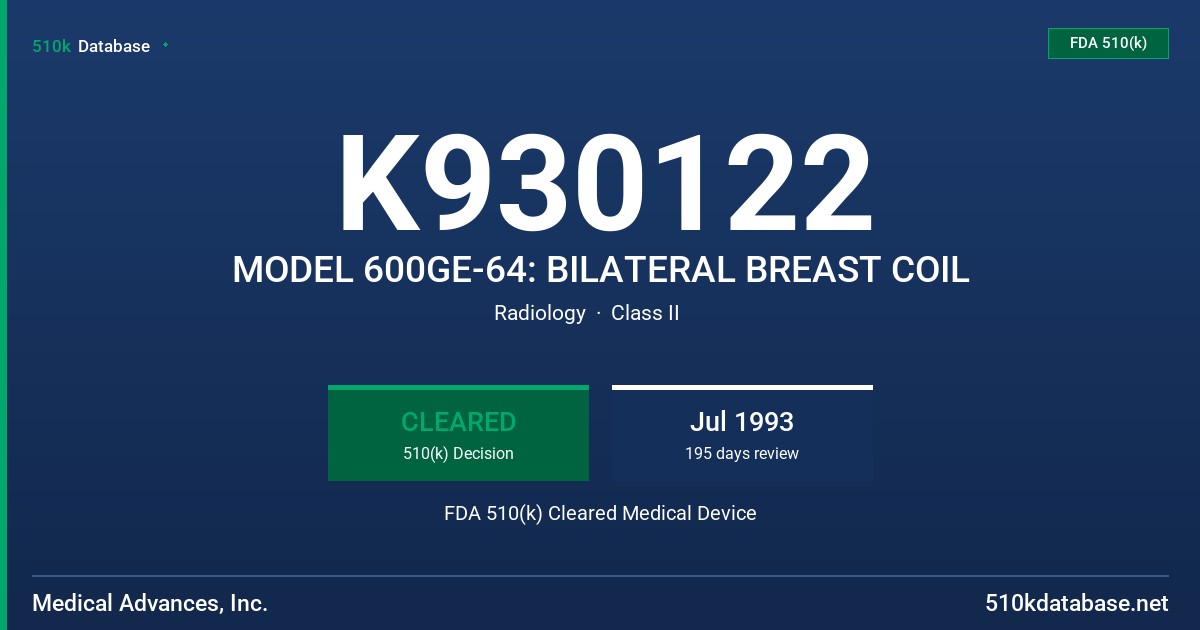 K930122 MODEL 600GE-64: BILATERAL BREAST COIL FDA 510(k) Cleared Medical Device