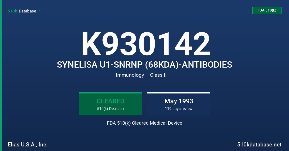 K930142 SYNELISA U1-SNRNP (68KDA)-ANTIBODIES FDA 510(k) Cleared Medical Device