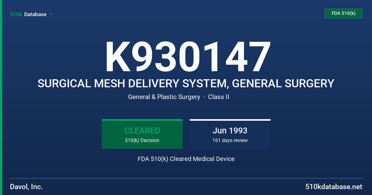 K930147 SURGICAL MESH DELIVERY SYSTEM, GENERAL SURGERY FDA 510(k) Cleared Medical Device