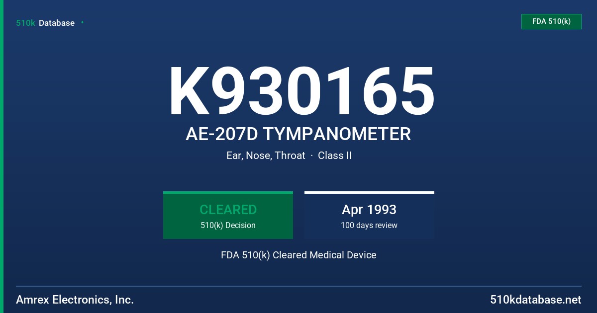 K930165 AE-207D TYMPANOMETER FDA 510(k) Cleared Medical Device