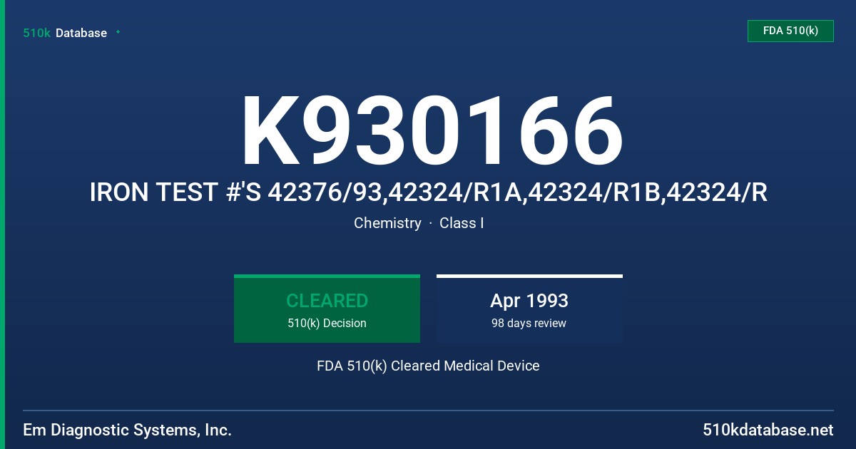 K930166 IRON TEST #'S 42376/93,42324/R1A,42324/R1B,42324/R FDA 510(k) Cleared Medical Device