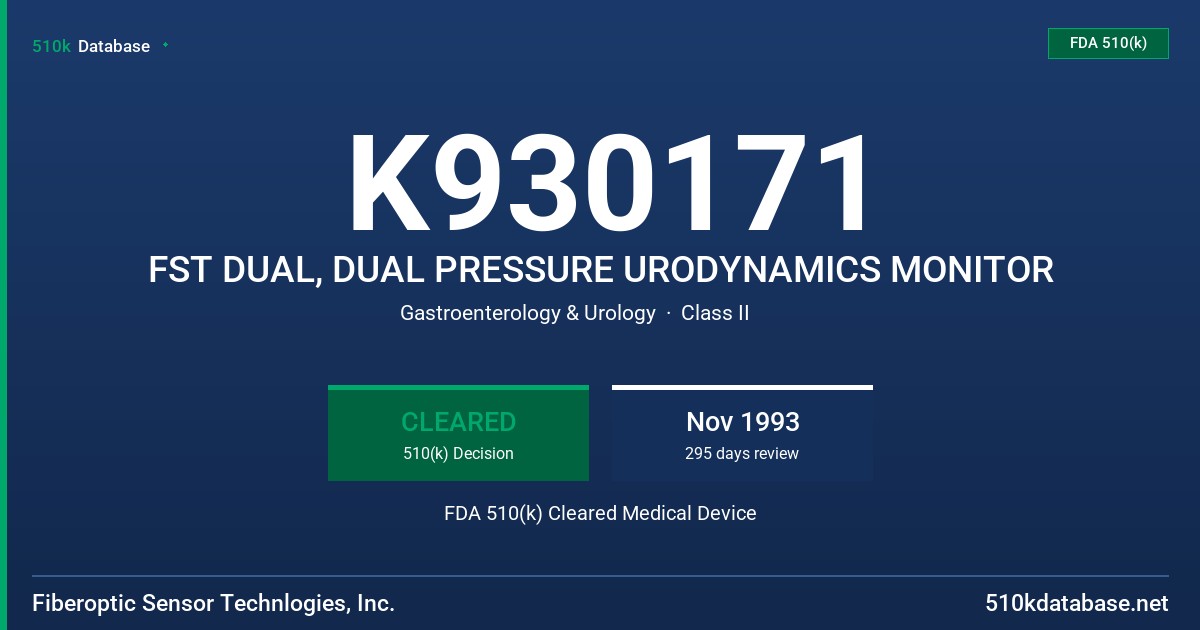 K930171 FST DUAL, DUAL PRESSURE URODYNAMICS MONITOR FDA 510(k) Cleared Medical Device