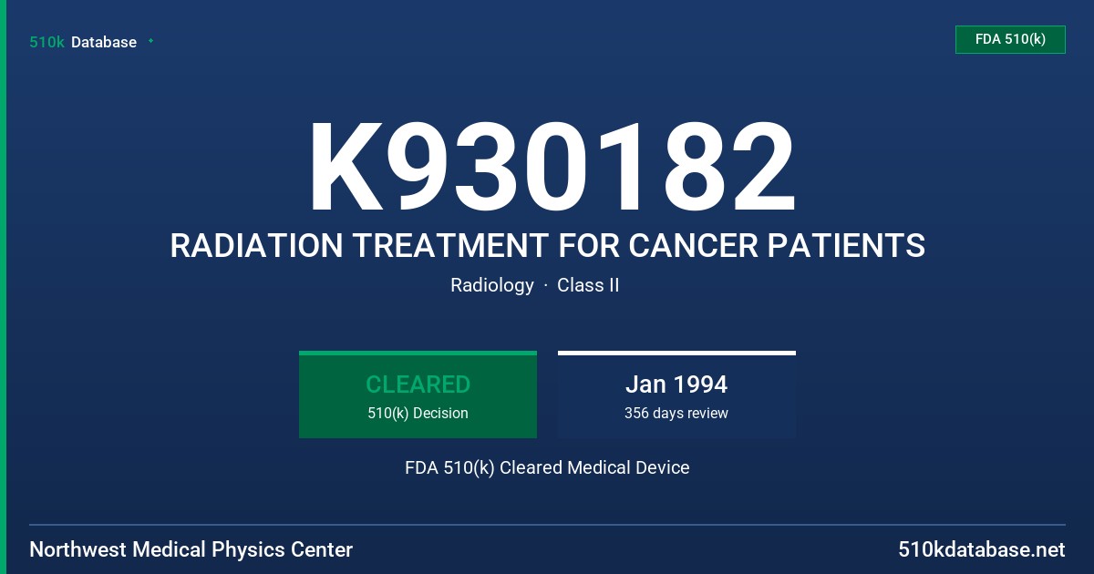 K930182 RADIATION TREATMENT FOR CANCER PATIENTS FDA 510(k) Cleared Medical Device