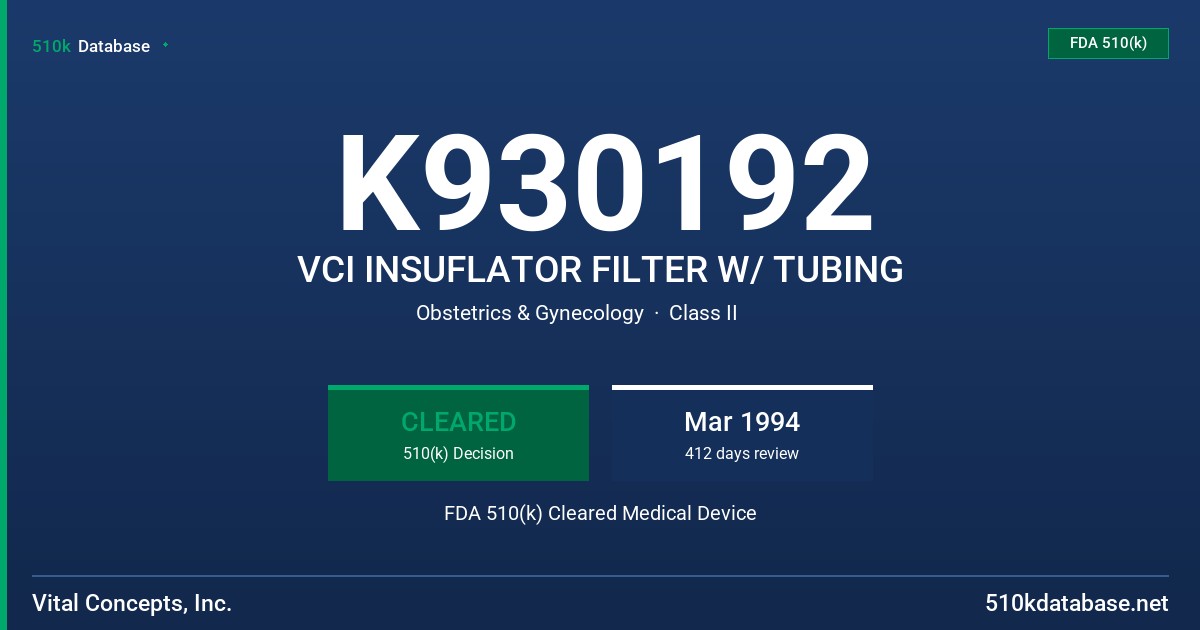 K930192 VCI INSUFLATOR FILTER W/ TUBING FDA 510(k) Cleared Medical Device