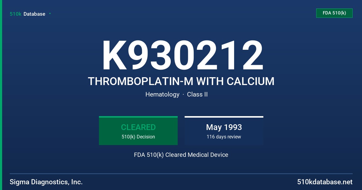 K930212 THROMBOPLATIN-M WITH CALCIUM FDA 510(k) Cleared Medical Device