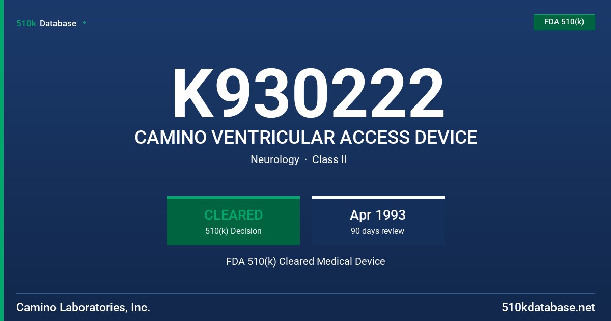 K930222 CAMINO VENTRICULAR ACCESS DEVICE FDA 510(k) Cleared Medical Device