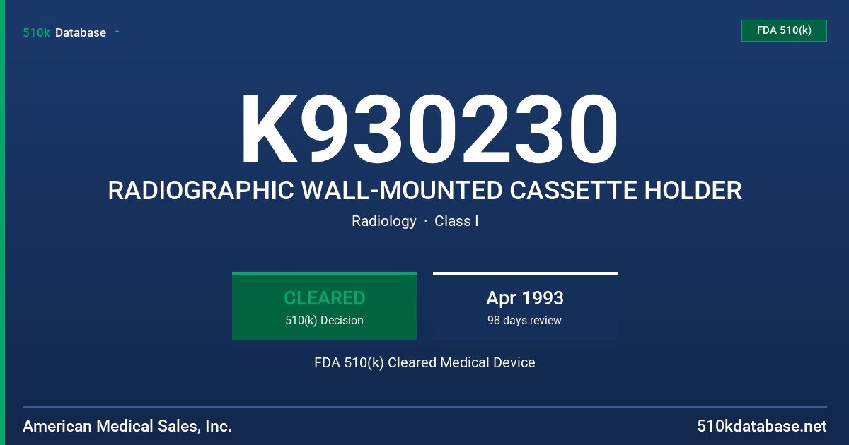 K930230 RADIOGRAPHIC WALL-MOUNTED CASSETTE HOLDER FDA 510(k) Cleared Medical Device
