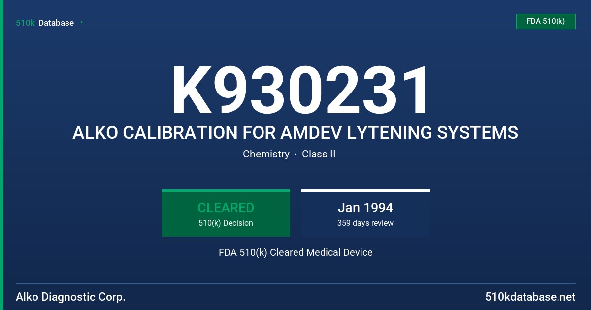 K930231 ALKO CALIBRATION FOR AMDEV LYTENING SYSTEMS FDA 510(k) Cleared Medical Device