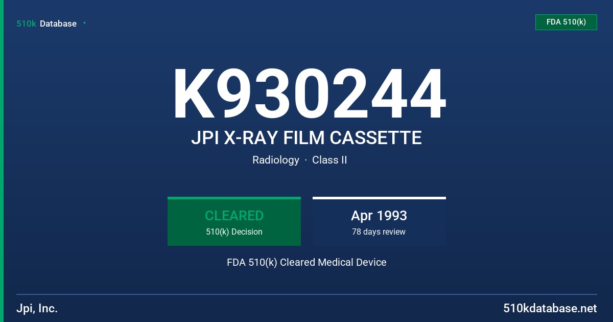 K930244 JPI X-RAY FILM CASSETTE FDA 510(k) Cleared Medical Device