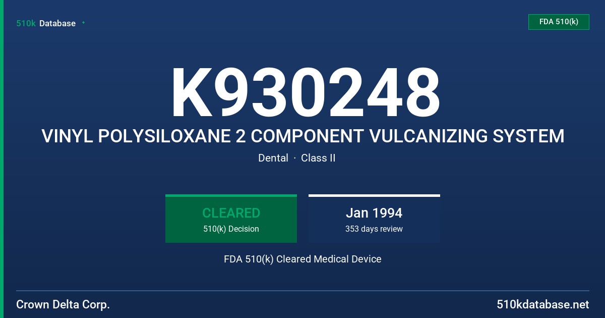 K930248 VINYL POLYSILOXANE 2 COMPONENT VULCANIZING SYSTEM FDA 510(k) Cleared Medical Device