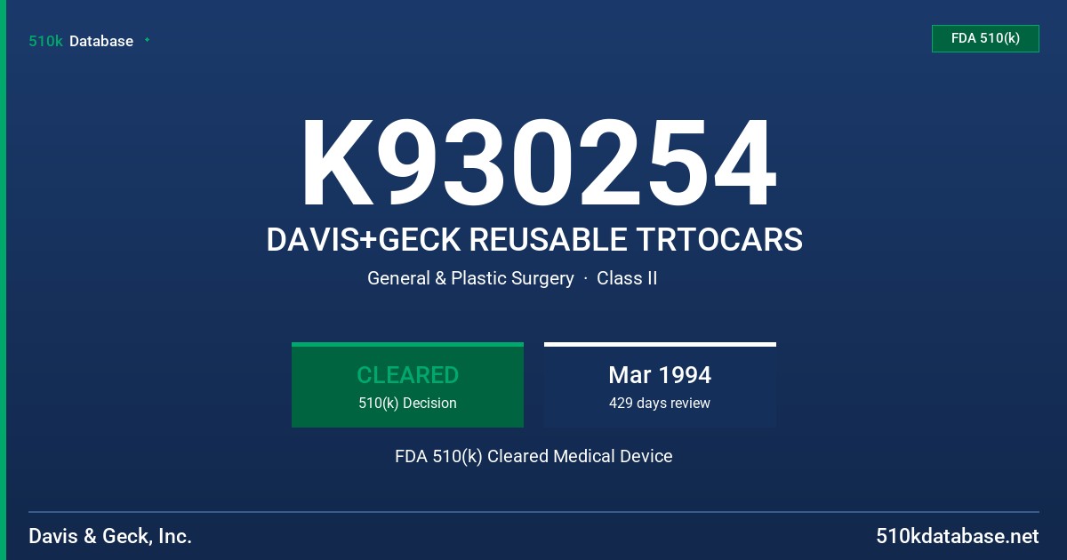 K930254 DAVIS+GECK REUSABLE TRTOCARS FDA 510(k) Cleared Medical Device