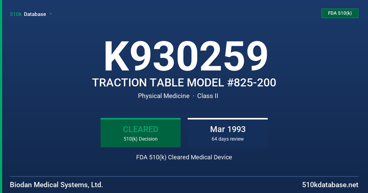 K930259 TRACTION TABLE MODEL #825-200 FDA 510(k) Cleared Medical Device